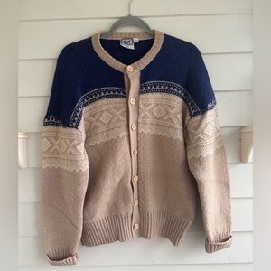 Vintage ARC Actionwear Men’s Beige and Blue Nordic Wool Cardigan Sweater Size L